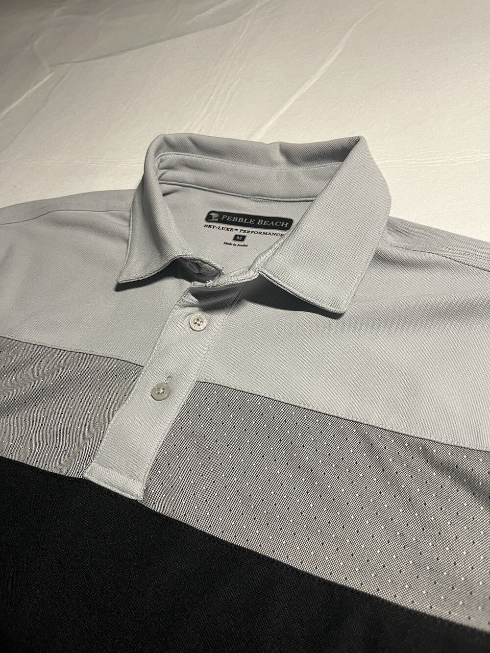 Pebble Beach Dry-Luxe Performance Polo Shirt Mens M Gray Black Colorblock Golf